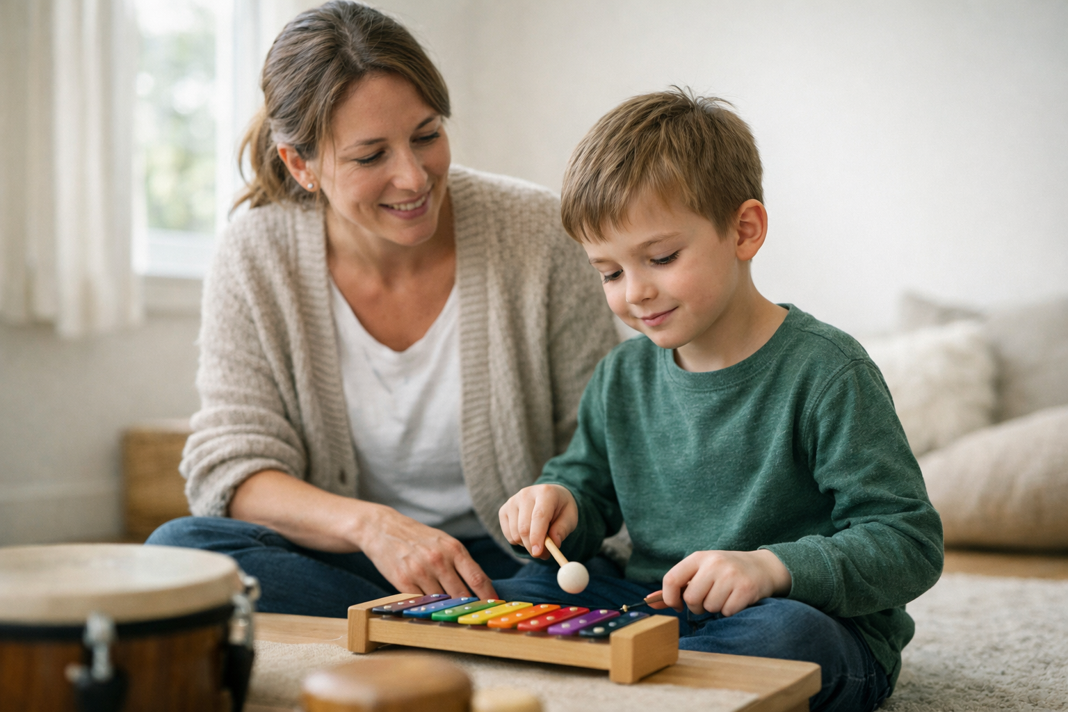 Child playing guitar in music therapy session
